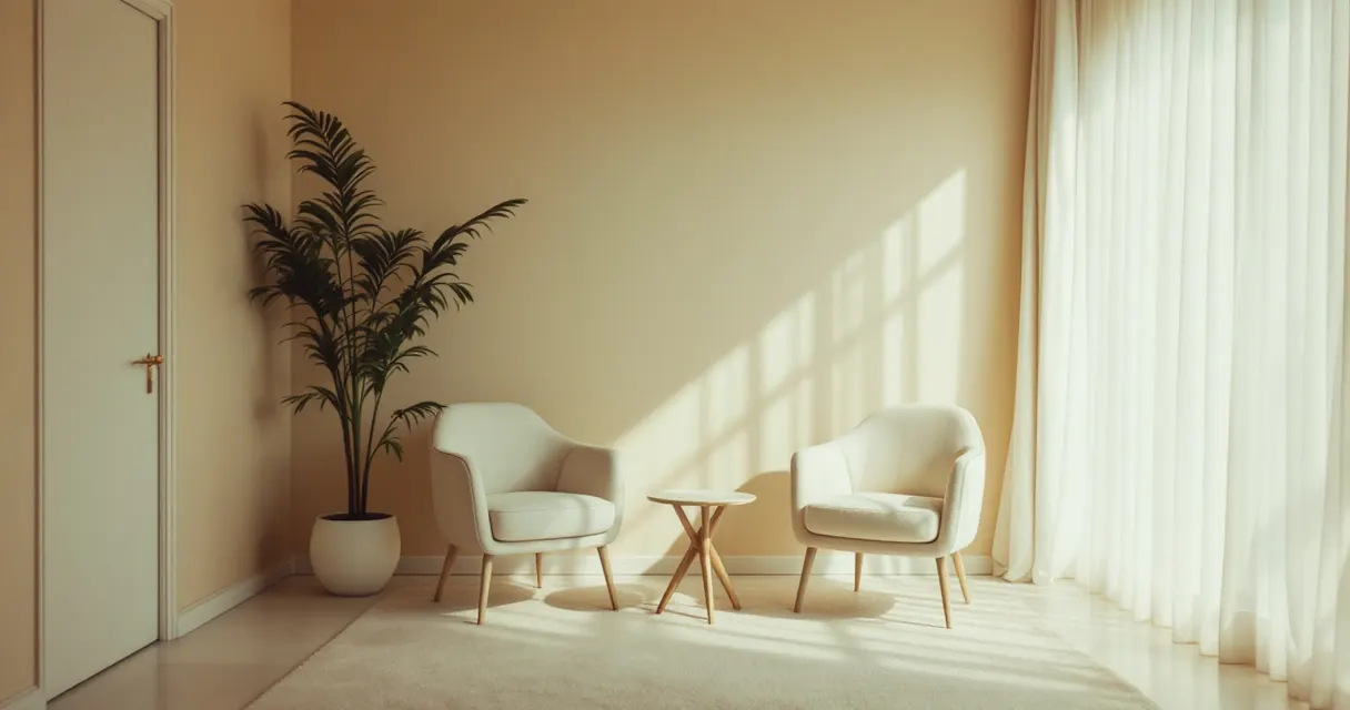 Two facing chairs and a low table in a quiet consulting room
