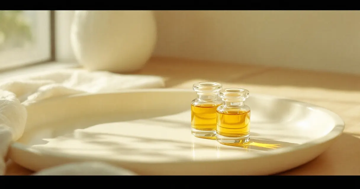Several small glass vials of different heights grouped on a pale tray