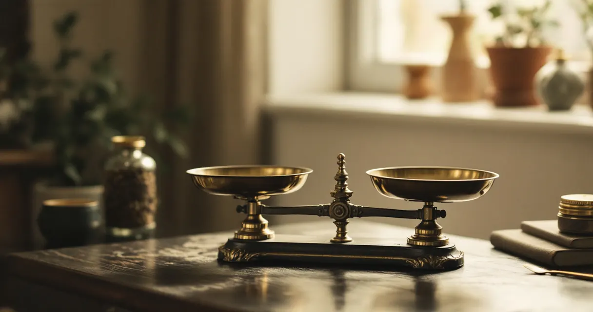Antique brass balance scale on a dark wooden desk