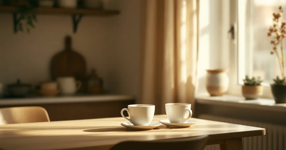Two coffee cups on a kitchen table by a window at first light