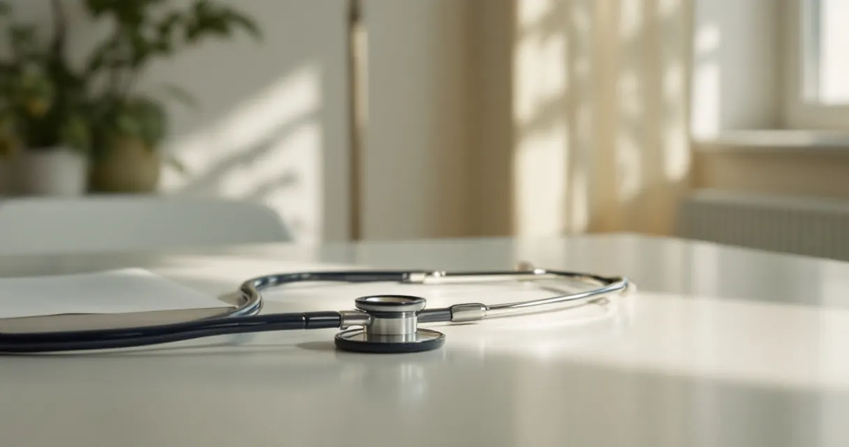 Stethoscope and a closed notebook on a clean clinical desk