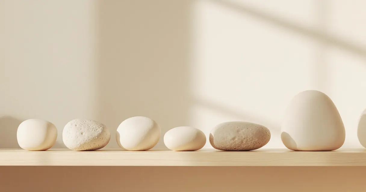 Row of pale stones arranged in careful order along a wooden shelf