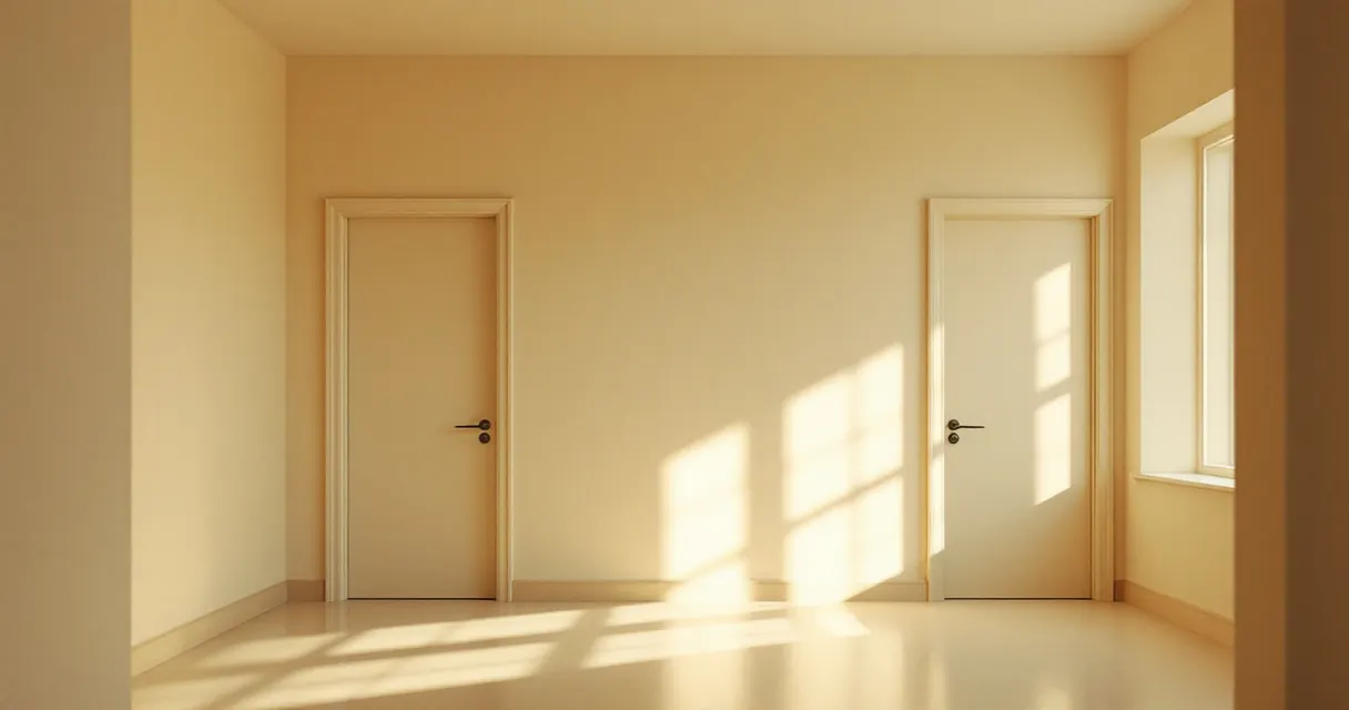 Three closed doors along a quiet corridor