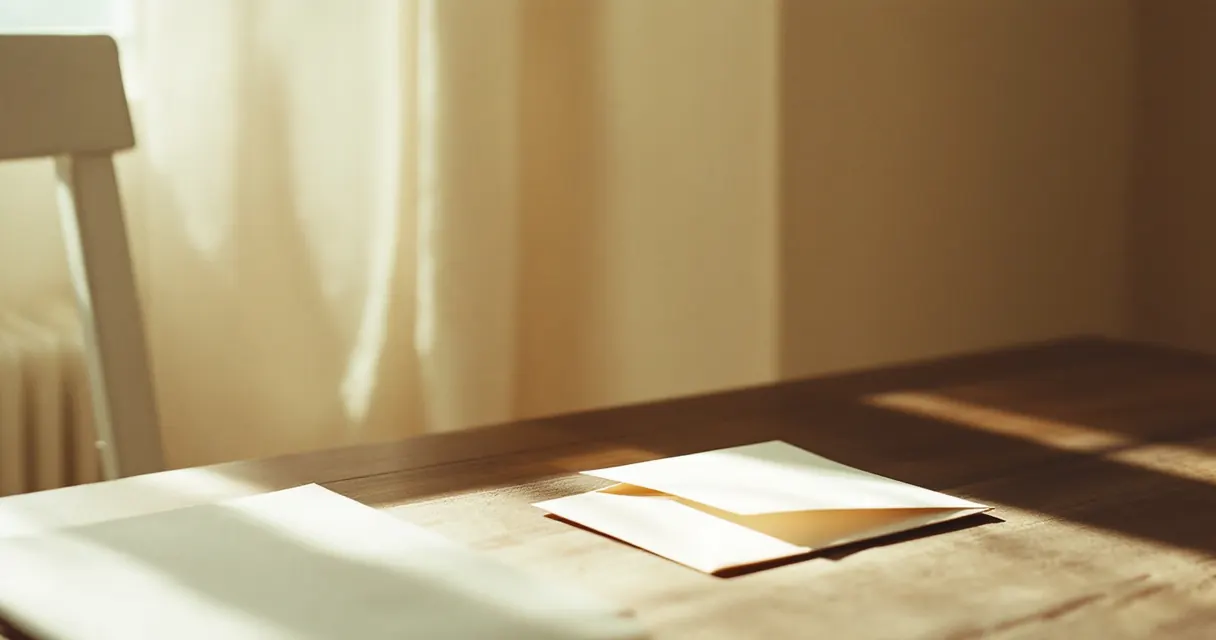 A single unlabelled white envelope on a dark wooden table
