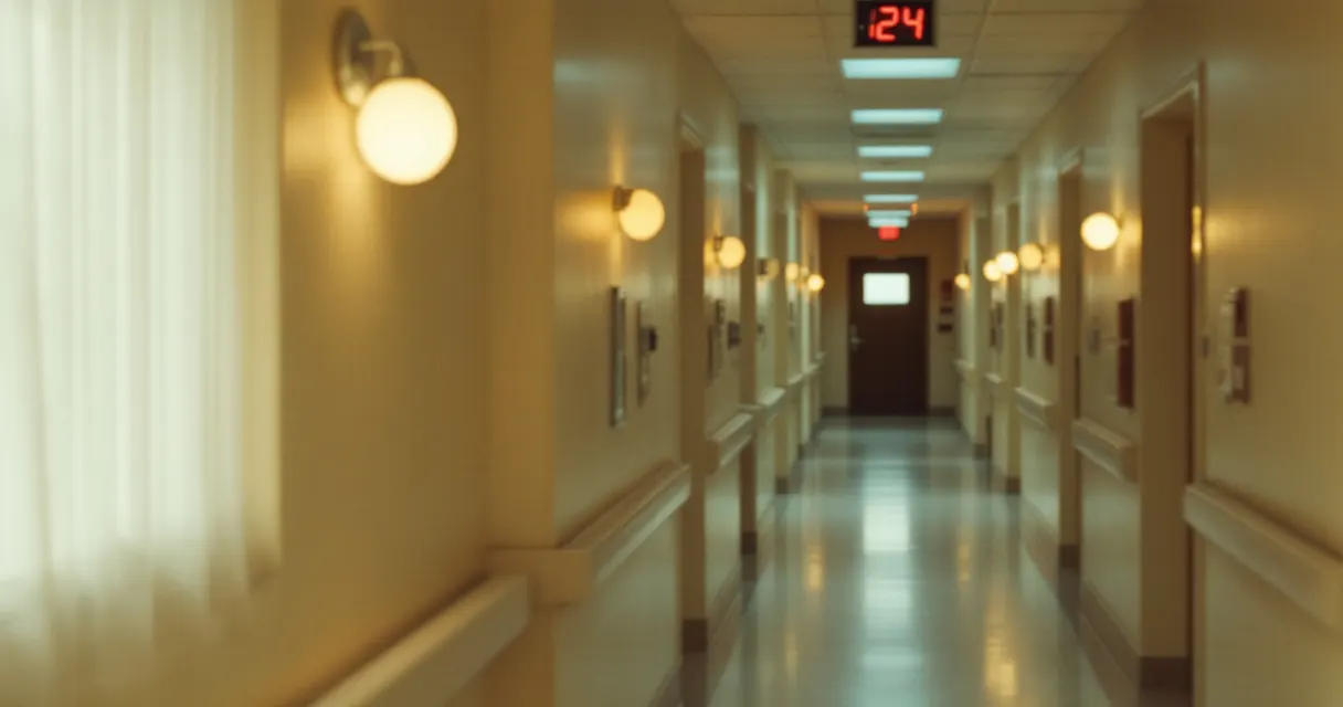 A clinic corridor lit for evening programming