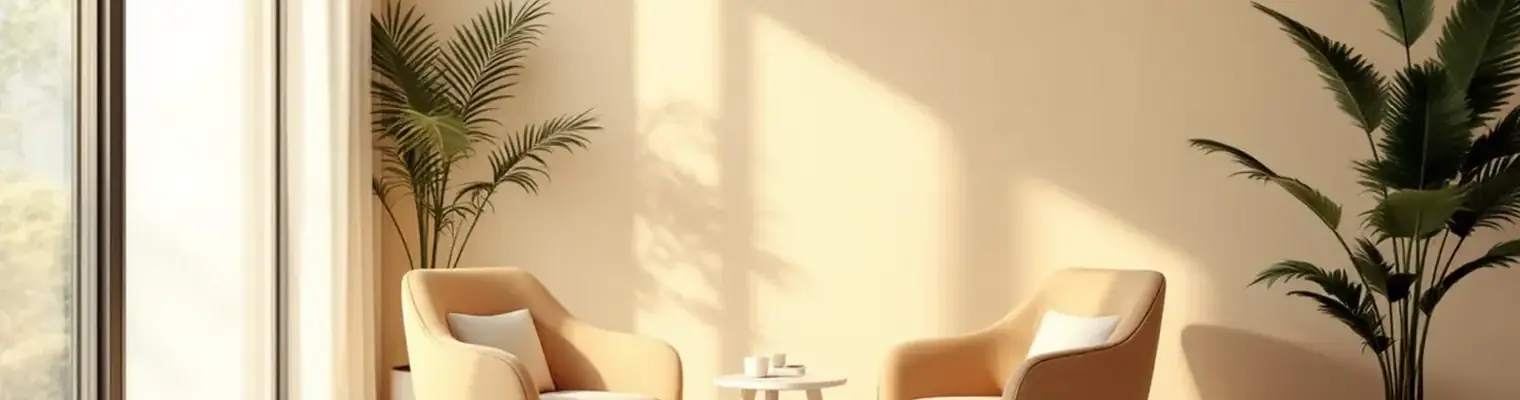 Two facing armchairs and a low table in a quiet consulting room