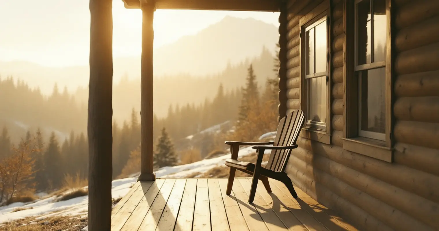 A simple wooden cabin porch in mountain daylight