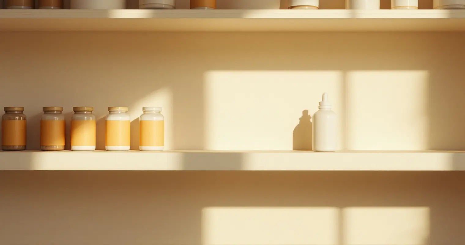 A small white pharmacy bottle on a pale wooden shelf