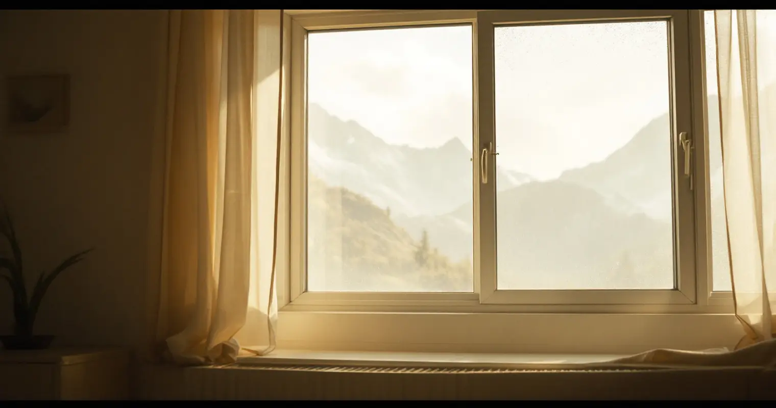 A frosted window with mountain light coming through