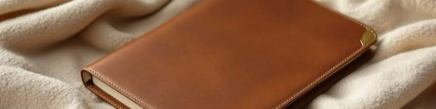 A closed leather folder on a desk