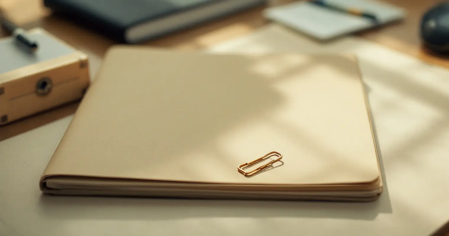 A closed manila file and a brass paperclip on a clean desk