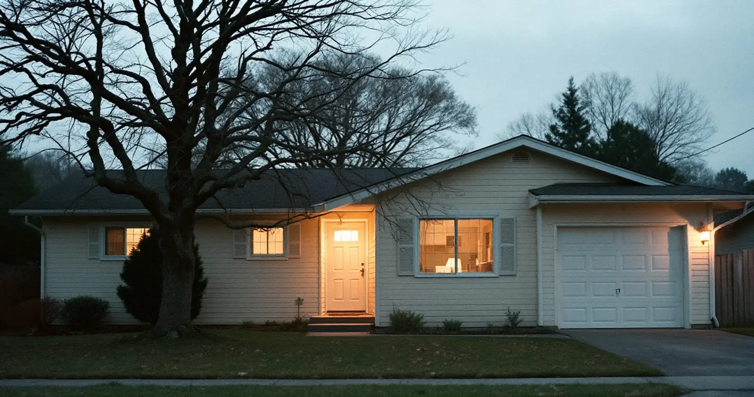 A quiet suburban house exterior at dusk