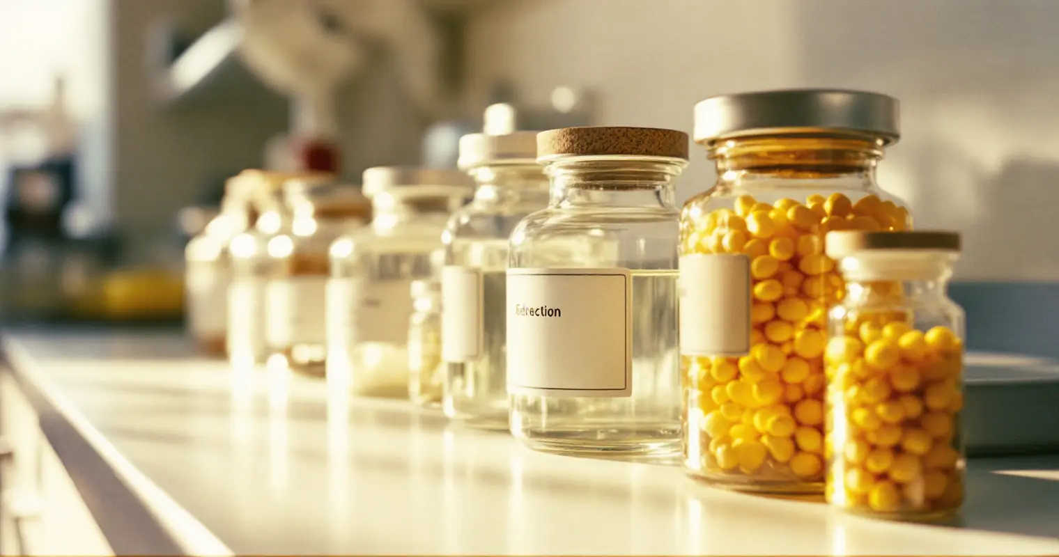 A row of empty specimen containers on a clean laboratory counter