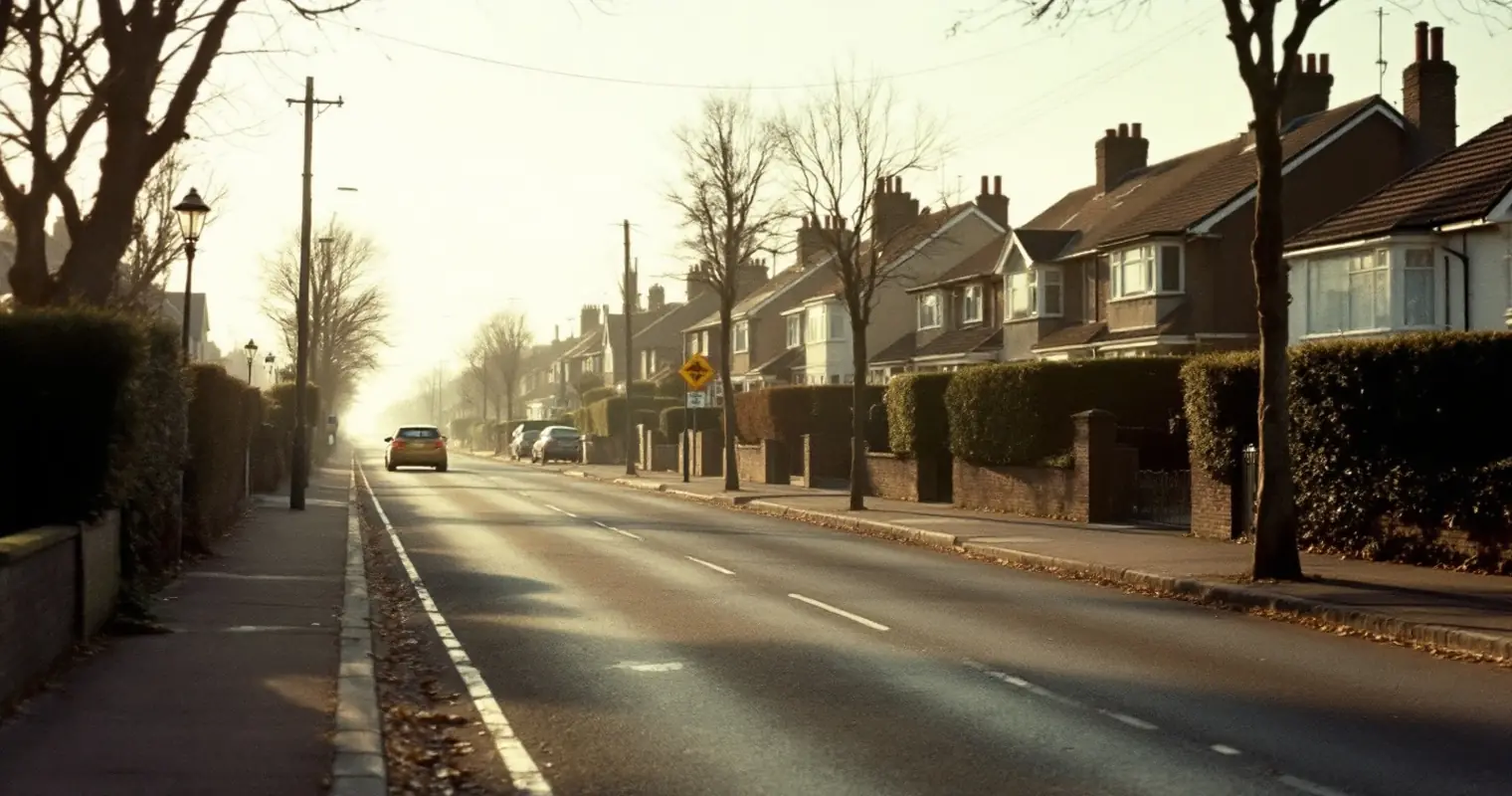 An empty residential street lined with low hedges