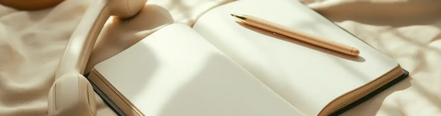 A telephone handset resting beside an open notebook