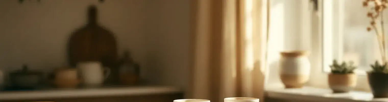 Two coffee cups on a kitchen table by a window