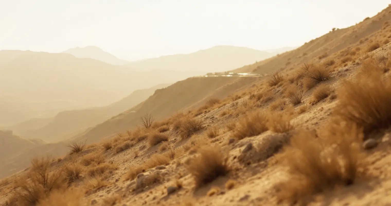 Dry canyon hillside at golden hour in soft haze