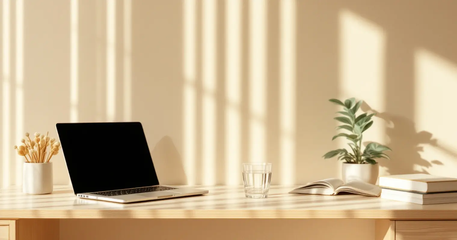 Clean desk with a closed laptop and a glass of water in bright daylight