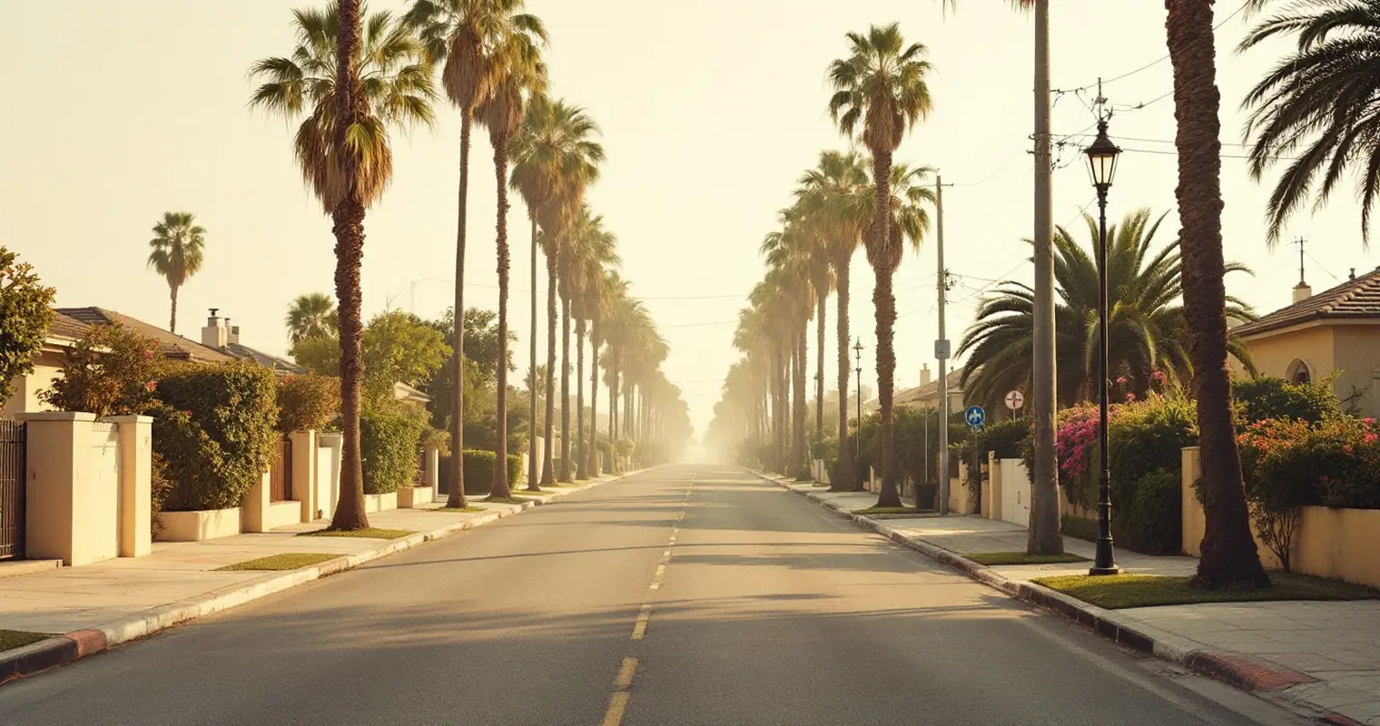 Empty palm-lined residential street at dawn