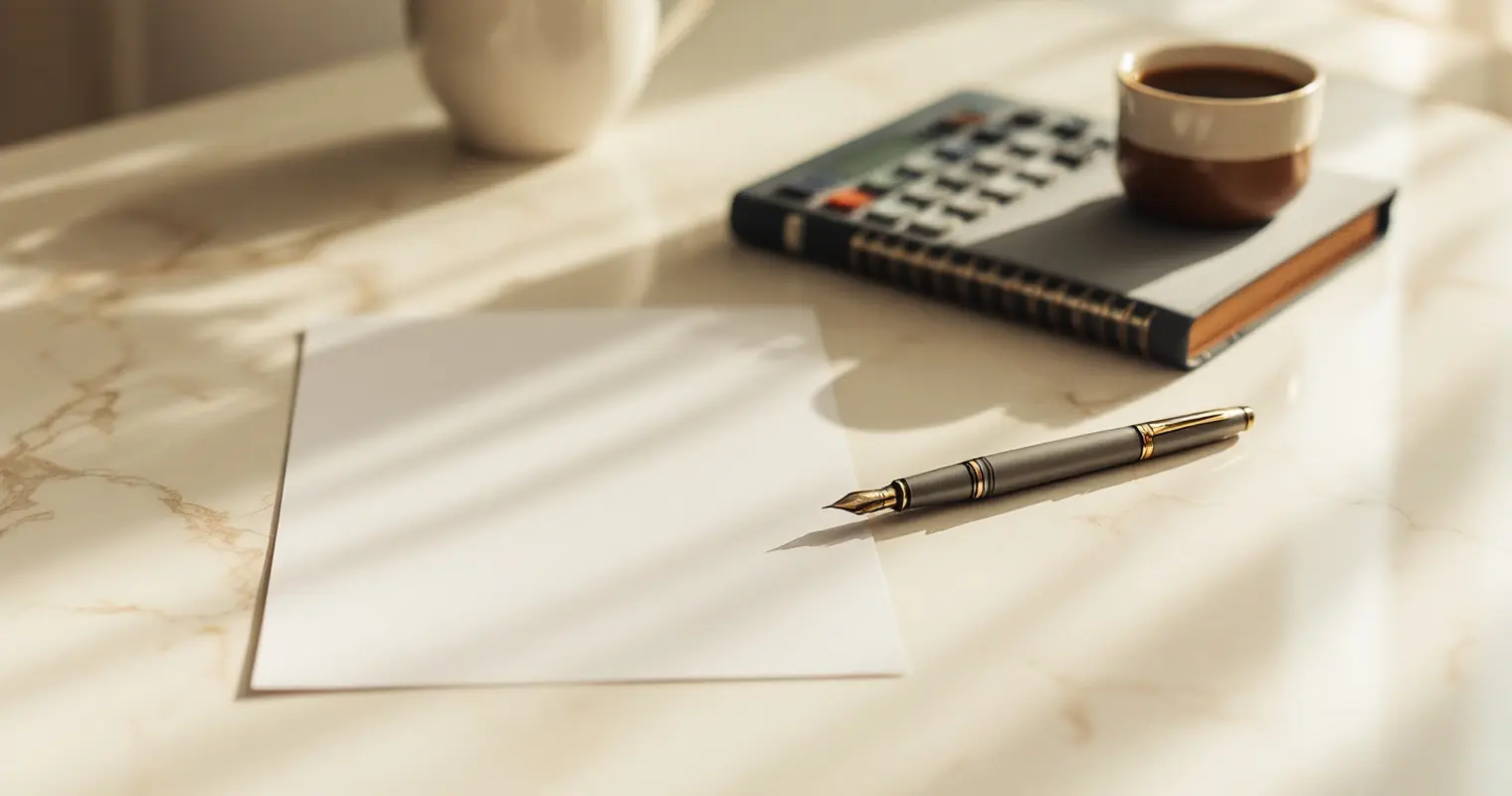 Printed document and a fountain pen on a pale marble counter