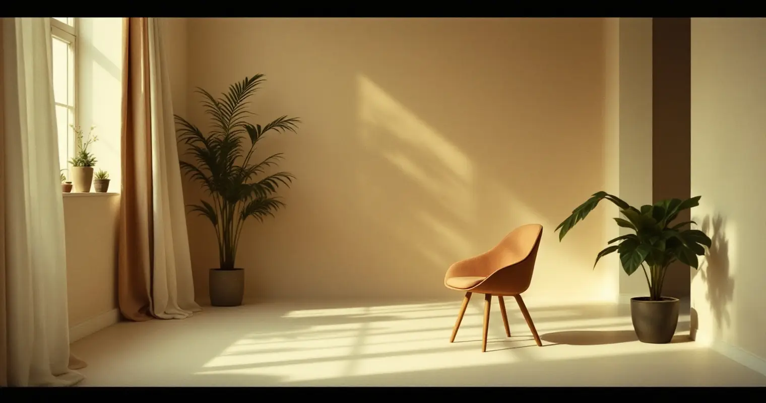 Empty sunlit studio room with a single chair