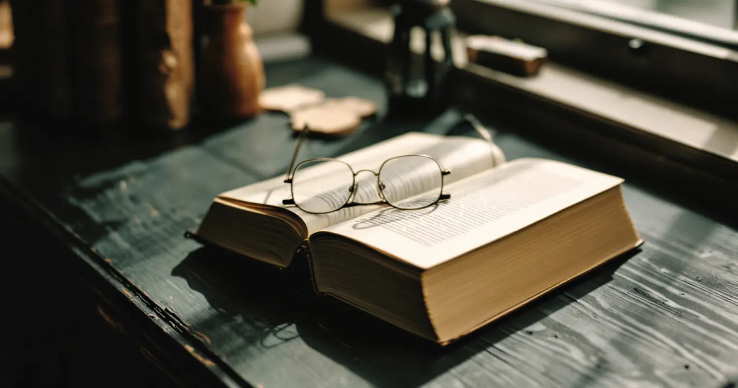 Closed statute book and reading glasses on a dark wooden desk