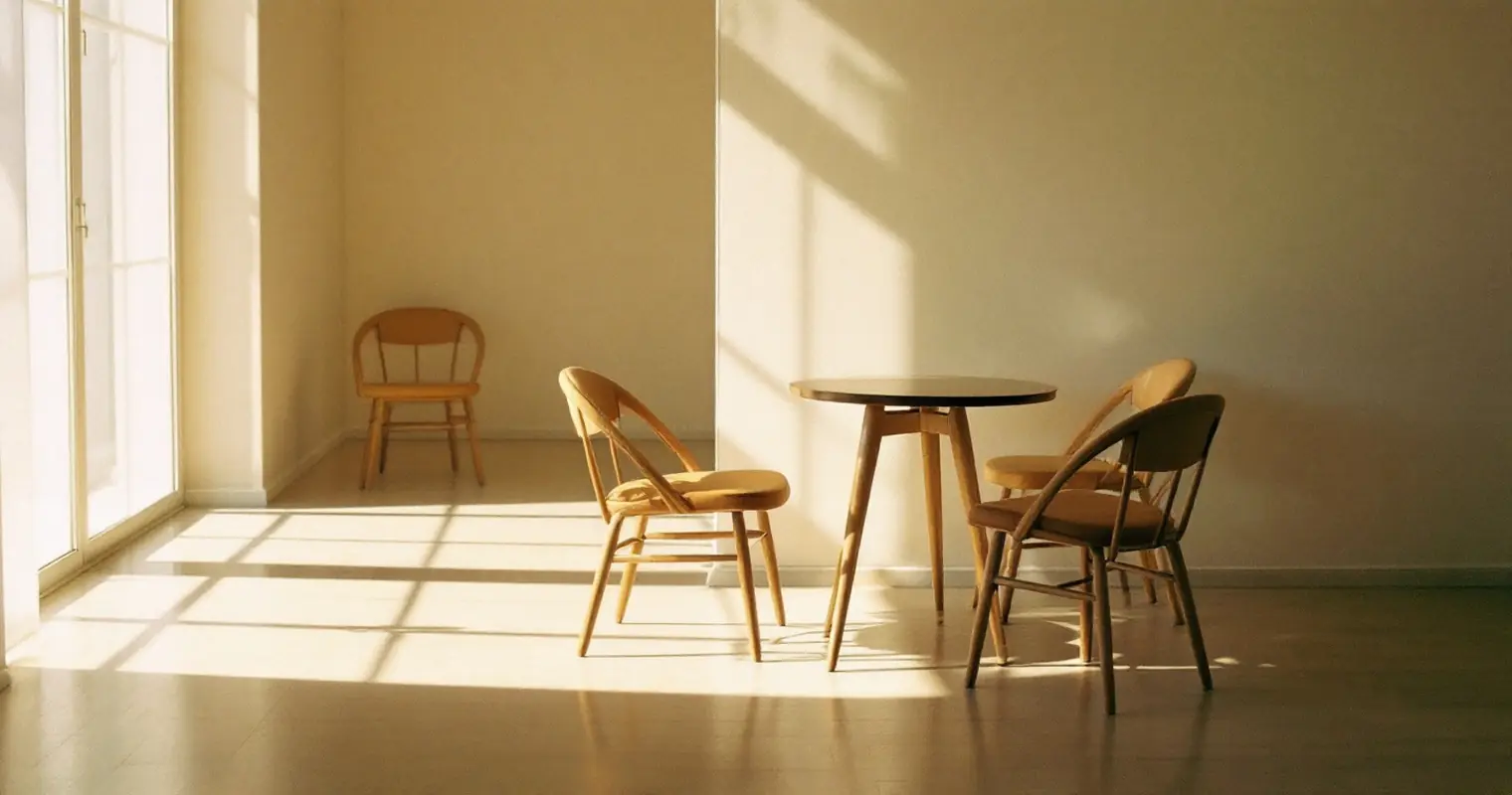 Three empty chairs around a small table