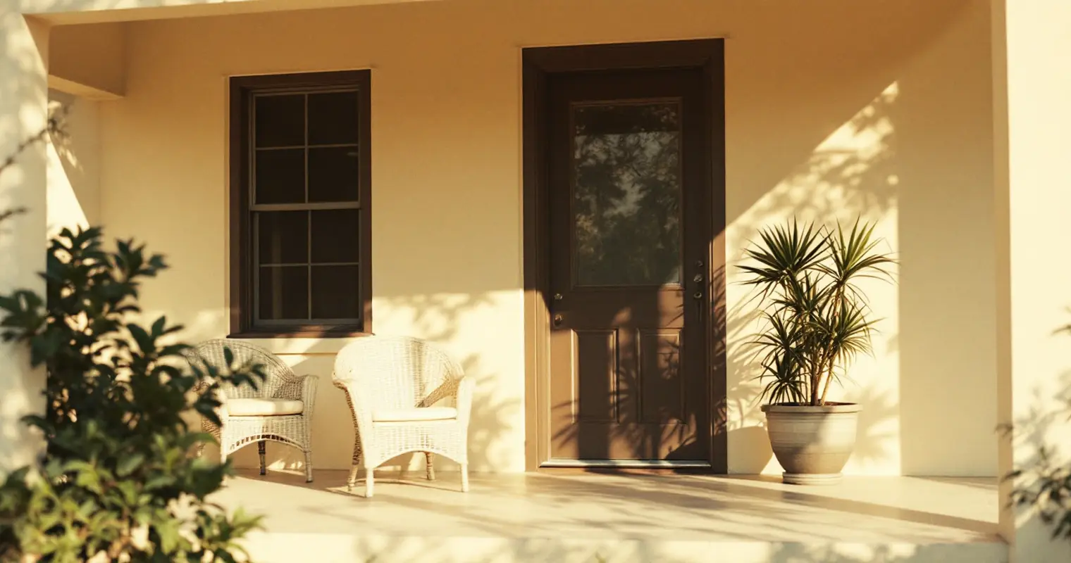 An empty shaded porch with a single wicker chair