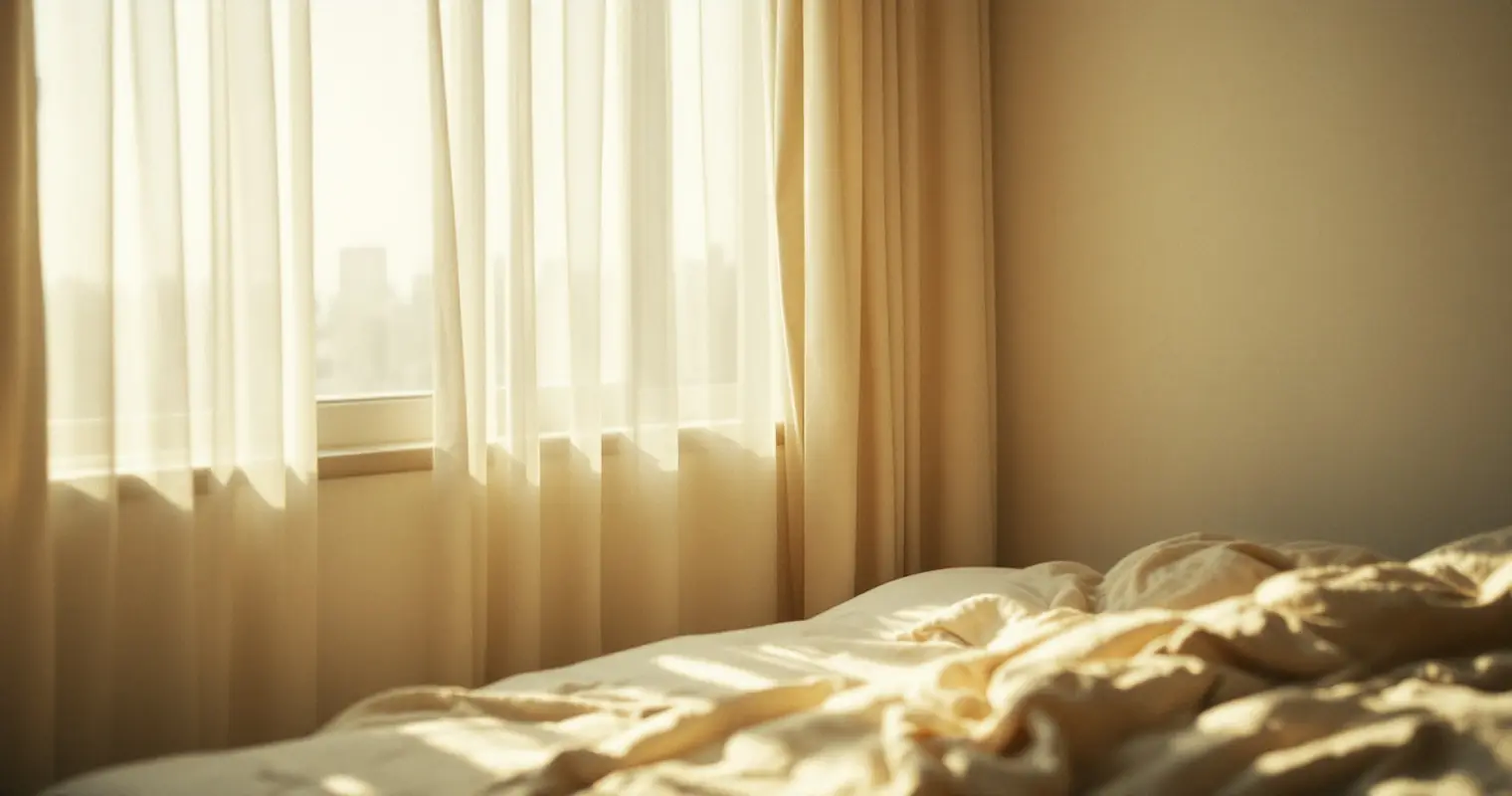 Quiet high-floor apartment interior with linen curtains and morning light