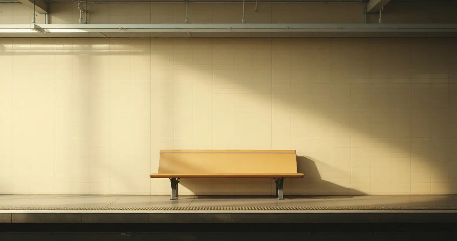 Empty subway platform bench in soft light