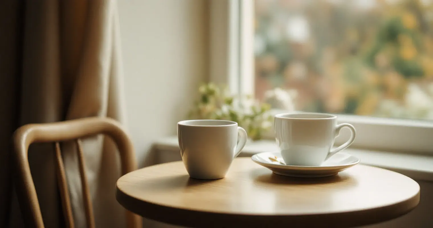 Two coffee cups on a kitchen table by a window