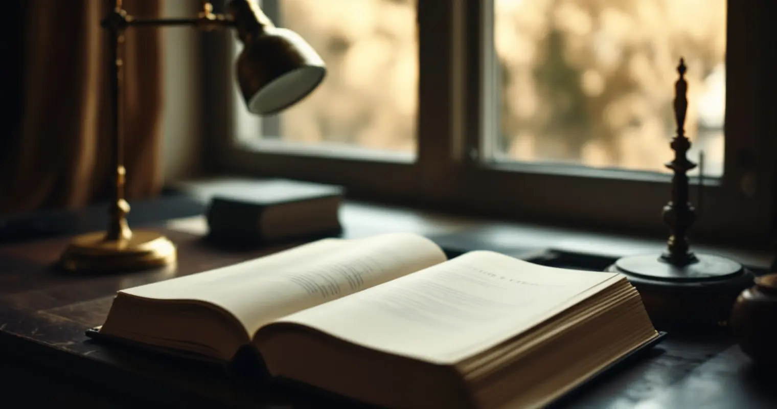 Closed law book and brass desk lamp on a dark wooden desk