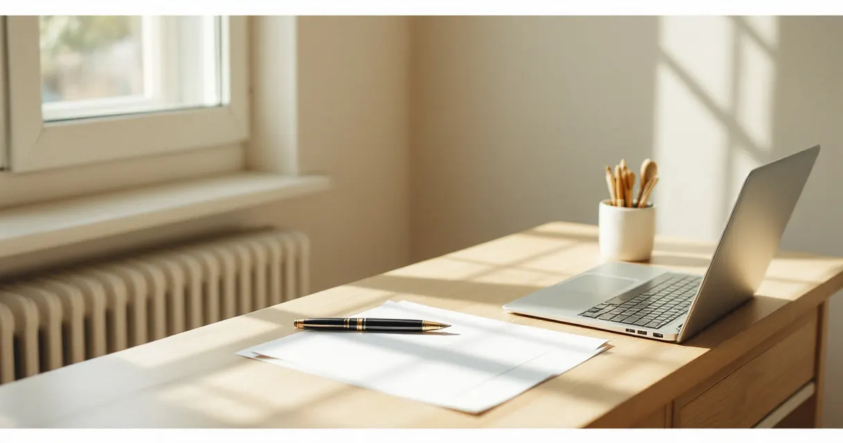 Orderly desk with pen, closed laptop and a single sheet of paper