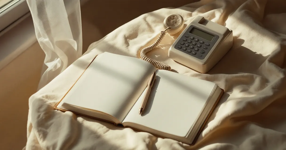 Open notebook and telephone handset on cream linen